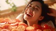 Charming beautiful Asian woman uses tomato slices to close her eyes with a healthy smile on her face.