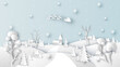 Winter Christmas with village and Santa Claus flying on the sky. Merry Christmas and Happy New Year. paper cut and craft style. vector, illustration.