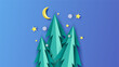 Christmas tree with moon, stars and snowflakes on night background. Christmas card. Merry Christmas and happy new year. paper cut and craft style. vector, illustration.
