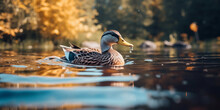 A Duck Is Splashing In The Water With The Sun Setting ,Wild Duck Mallard Anas Platyrhynchos,portrait Of A Mallard Duck Swimming In A River,Duck Background,A Cute Duckling Quacking By The Pond Reflecti