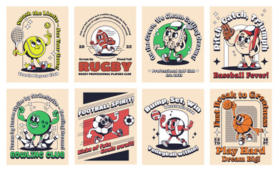 cartoon sport posters. retro playing ball card sticker with 1930s mascot character and slogans. spor
