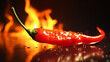 Red chili pepper close-up in a burning flame on a black. Generative AI