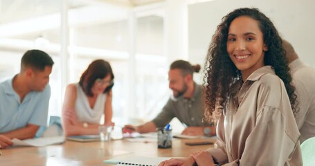 Sticker - Meeting portrait, office and black woman with smile at workshop for corporate strategy, planning and startup team with vision. Teamwork, collaboration and happy creative girl at advertising agency