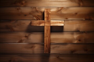 Wooden christian cross on a wooden background.Christian religion concept.