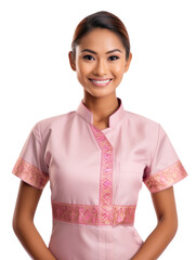 Female native thai masseuse with thai traditional uniform in transparent background