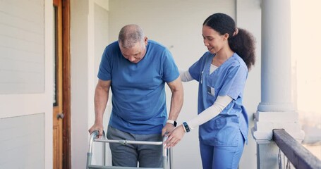 Poster - Senior, man and caregiver with walker, help and support for mobility, physical therapy or rehabilitation on balcony. Elderly, person and nurse or professional outdoor with walking, talking or smile