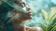 Double exposure profile photo of naturally beautiful woman with closed eyes and tropical leaves.