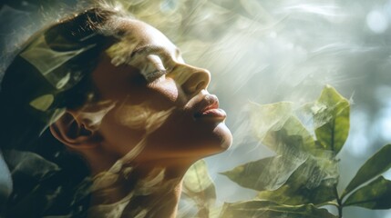 Wall Mural - Double exposure profile photo of naturally beautiful woman with closed eyes and tropical leaves.