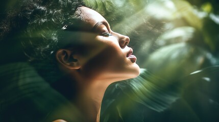 Wall Mural - Double exposure profile photo of naturally beautiful woman with closed eyes and tropical leaves.