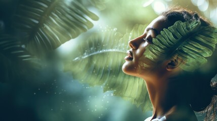 Wall Mural - Double exposure profile photo of naturally beautiful woman with closed eyes and tropical leaves.