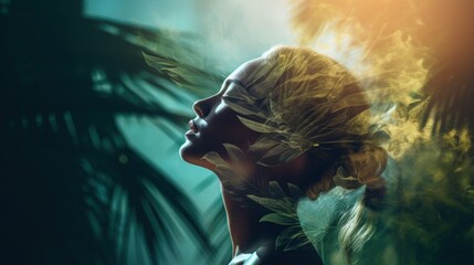 Wall Mural - Double exposure profile photo of naturally beautiful woman with closed eyes and tropical leaves.