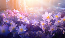 Spring Summer Blooming Flowers In The Garden, Blossom Meadow, Bright Warm Colors, Background, Season Backdrop  Closeup