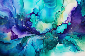  A vivid alcohol ink creation with swirling gradients of azure blueemerald greenand hints of amethystforming an enchanting aquatic-inspired composition.