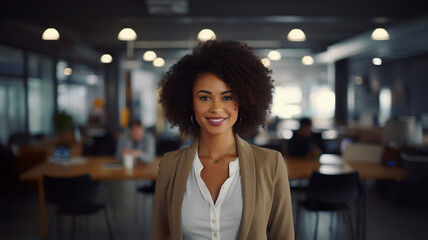 Portrait of happy black businesswoman looks at camera on the office blurred background