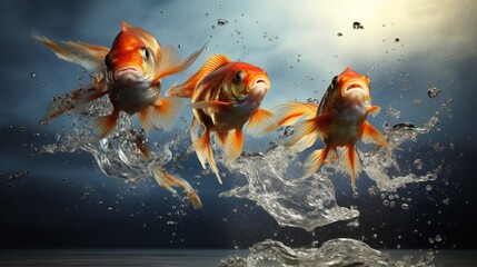 Wall Mural - four fish jumping on the water.