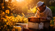 A beekeeper checks the hives at the apiary. Selective focus.
