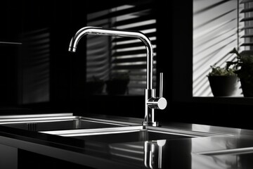 Wall Mural - Close-up of modern chrome kitchen faucet, acrylic stone countertop, stainless steel built-in sink against the background of black wall and window with blinds. Dramatic evening light.