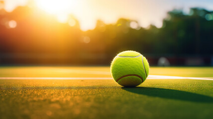 Closeup of tennis ball on empty court. Sunset, sun rays. Concept of a sporty lifestyle. Generative AI