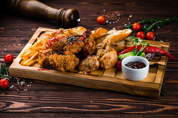 Poster - Fried chicken legs and fillet with French fries , onions, lettuce, chili peppers, toasts, cherry tomatoes and sauce on a wooden board.