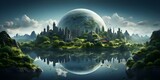 Fototapeta  - Fantasy illustration of nature, city, fictional world.