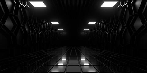 Fototapete - Sci Fi neon glowing lines in a dark tunnel. Reflections on the floor and ceiling. Empty background in the center. 3d rendering image. Abstract glowing lines. Technology futuristic background.