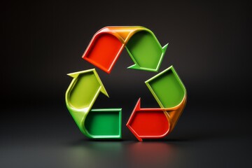 Wall Mural - 3d recycle symbol made of metal painted green, red and yellow isolated on the black background. ecol