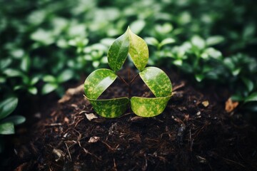 Wall Mural - recycling symbol made up of green leaves of young plant shoots on the ground in a forest. shallow de