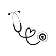 Cute simple stethoscope design with heart on tube in black isolated on white background. Hand drawn simple doodle sketch icon in cartoon engraved line art style. Medicine, cardiology, diagnostics.