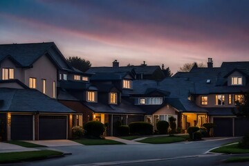 Poster - copy space in dusk sky over quiet houses on suburban street. 