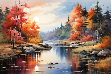 Wall Mural - autumn trees reflected in water