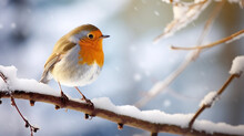 Stockphoto, Stockphoto, Eurasian Robin Sitting On A Snowy BranchCopy Space Available. Wildlife Photography. Cold Winter Time.