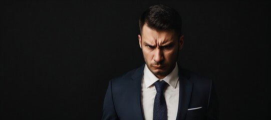 A very angry businessman standing against a dark background.