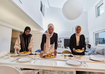 Group of young Arab women come together to lovingly prepare an iftar table during the sacred Muslim month of Ramadan, embodying the essence of communal unity, cultural tradition, and joyous