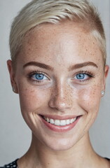 Wall Mural - Portrait of a beautiful blonde smiling woman.Freckles, blue eyes.Short haircut.Close-up.Authentic appearance.Fashion glamour art.