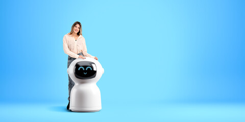 Poster - Young woman and her chat bot robot assistant