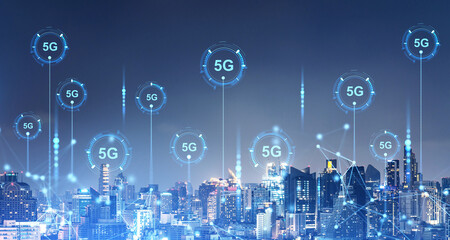 Poster - 5G signs in night city sky
