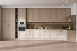 Beige home kitchen interior cooking cabinet with kitchenware, hadwood floor