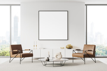 Wall Mural - White home living room interior dresser and armchairs near window, mockup frame