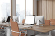 © ImageFlow - Modern workspace interior with pc desktop mockup display, panoramic window