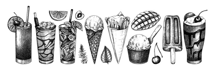 Wall Mural - Summer party menu elements. Non-alcoholic beverage, mocktail, ice cream, fruit, cocktail sketches. Hand drawn vector illustration. Tropical design elements. Mojito, milkshake, mangonada, Pina Colada