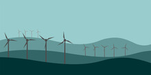 Wind Turbines On A Green Landscape. Renewable Wind Energy Sources. Vector Illustration, Flat Style.