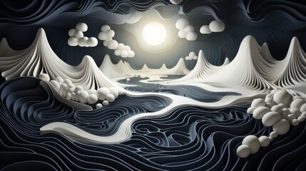 Wall Mural - A stunning masterpiece blending intricate fractal patterns and serene brushstrokes, capturing the tranquil majesty of a river winding through majestic mountains in a breathtaking landscape