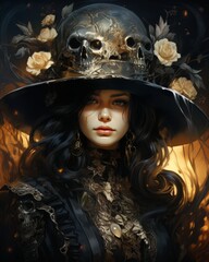 Wall Mural - An intriguing painting of a woman adorned in a skull and rose hat, blending elements of fashion and art with a hauntingly beautiful human face