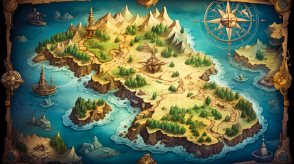 Wall Mural - old pirate map with compass  generated with AI