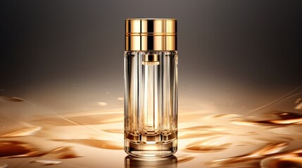 Sticker -  a bottle of perfume sitting on top of a shiny surface with a gold cap on the top of the bottle.