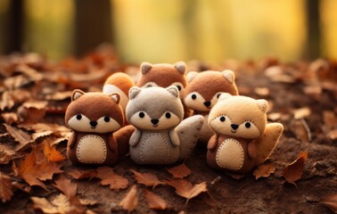 Wall Mural -  a group of small stuffed animals sitting on top of a pile of leaves on the ground with trees in the background.