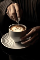 Poster -  a close up of a cup of coffee on a saucer with a person's hand holding a spoon.