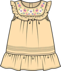 Wall Mural - KID GIRLS WEAR DRESS WITH FRILLS AND FLORAL EMBROIDERY VECTOR ILLUSTRATION