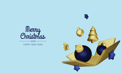 Wall Mural - Happy New Year and Merry Christmas. Background with realistic holiday ball and gift. Christmas balls, gold stars, shiny confetti.