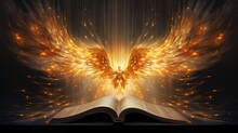 The Bible, The Book Of The God Of Christianity About The Covenants Of Jesus Christ, With A Flame Of Fire And An Angel, Golden Shades